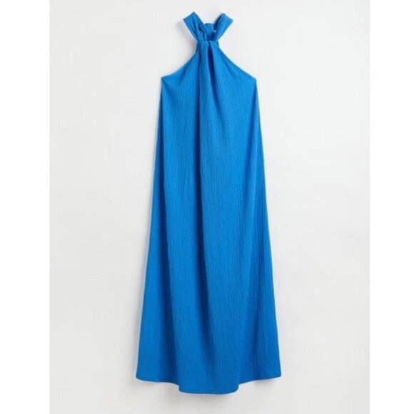 Blue Crinkled Halterneck Maxi Dress M - NEW - Picture 1 of 9